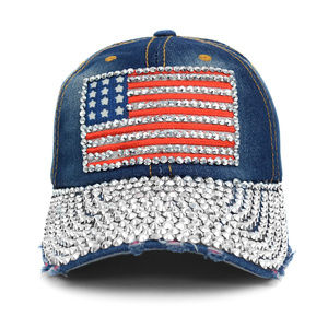 Patriotic Distressed Denim Bling Flag Hat
